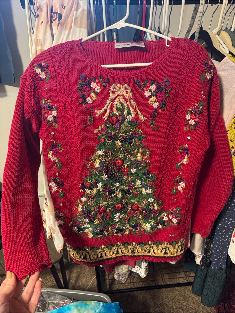 Vintage Fashion Bug Red Embroidered Christmas Tree Sweater